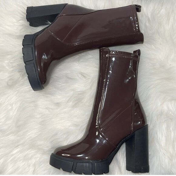 ALDO Women’s Ankle Boot Lug sole Dark Brown Platform Patent. New - Picture 2 of 12